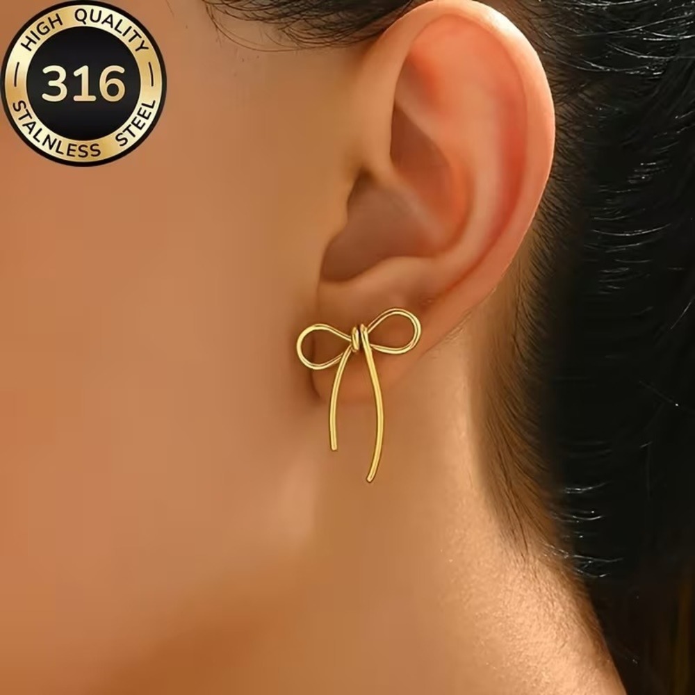 Gold Bow Stud Earrings 316L Stainless Steel Dainty Ribbon Studs Women Jewelry